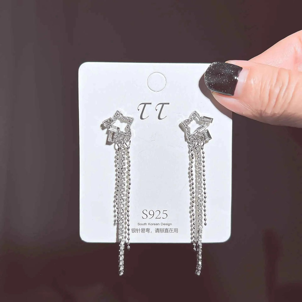 2024 New Simple Stars Tassel Earrings for Women Korean Charm Delicate Shiny Rhinestone Drop Earring Fashion Wedding Gift Jewelry
