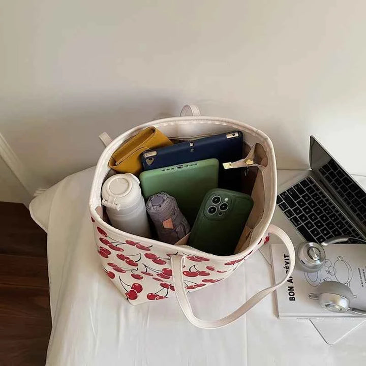 Cute Cherry Strawberry Lemon Print Casual Tote Bag Large Capacity Shopping Bag Aesthetic Handbag Grocery Bag for Women