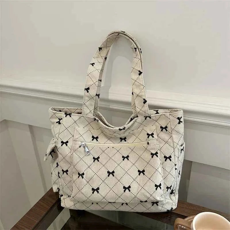 Large Capacity Corduroy Casual Tote Bags For Ladies, Casual Bow Pattern Commuting Handbags Women's For Shopping