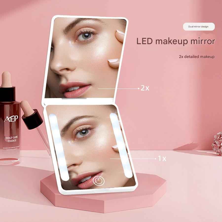 Compact Double-Sided Folding Makeup Mirror Handheld Portable LED Light For Touch-Ups