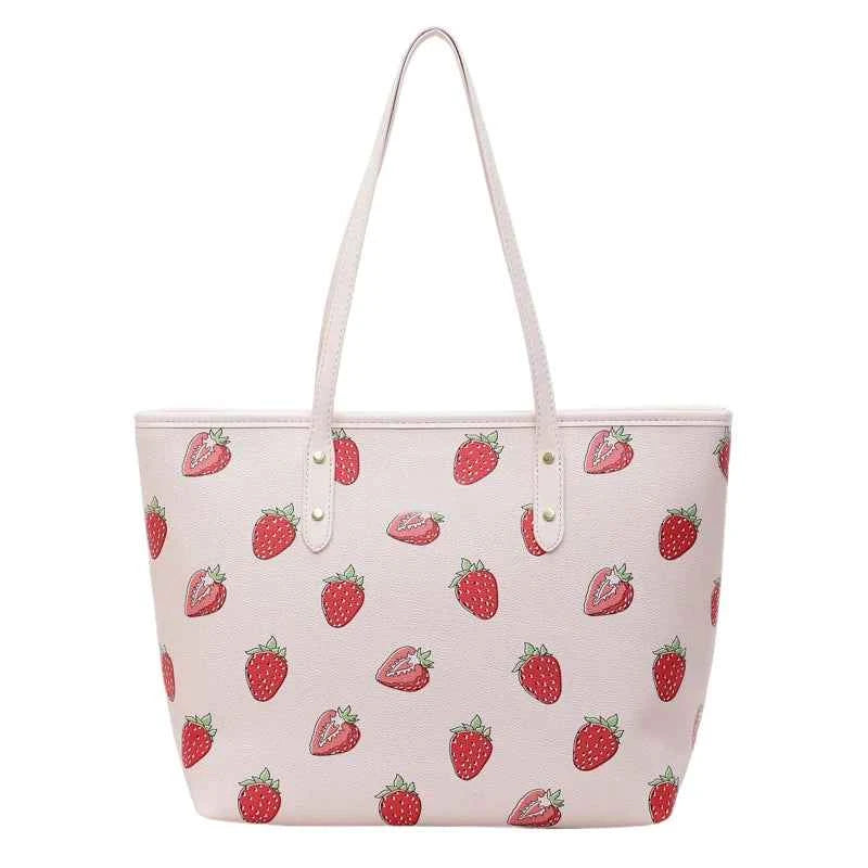 Cute Cherry Strawberry Lemon Print Casual Tote Bag Large Capacity Shopping Bag Aesthetic Handbag Grocery Bag for Women