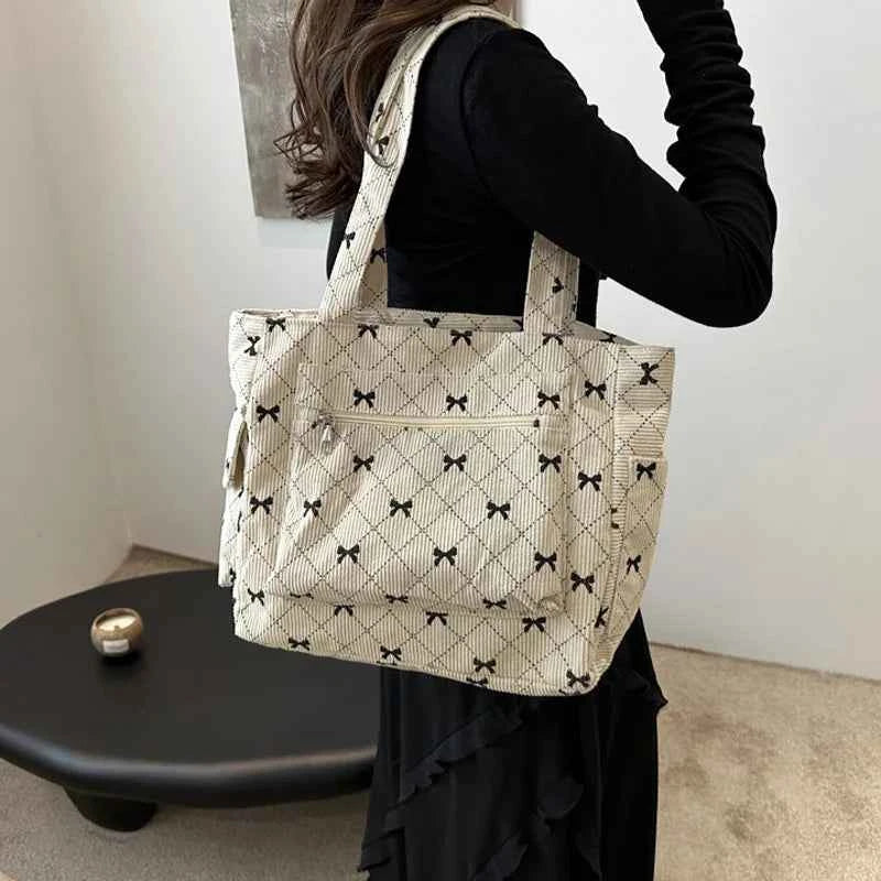 Large Capacity Corduroy Casual Tote Bags For Ladies, Casual Bow Pattern Commuting Handbags Women's For Shopping