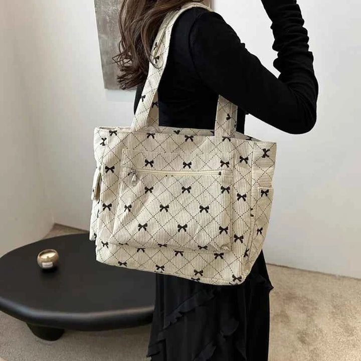 Large Capacity Corduroy Casual Tote Bags For Ladies, Casual Bow Pattern Commuting Handbags Women's For Shopping