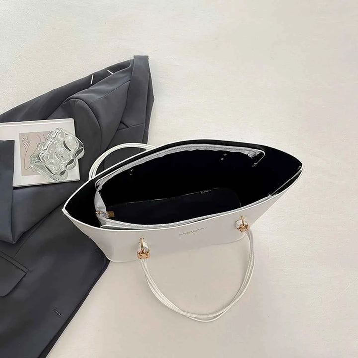 For Daily Use Fashion Tote Bag Simple Solid Color Glossy PU with Gold Letter Large Capacity Zipper Waterproof Shoulder Bag