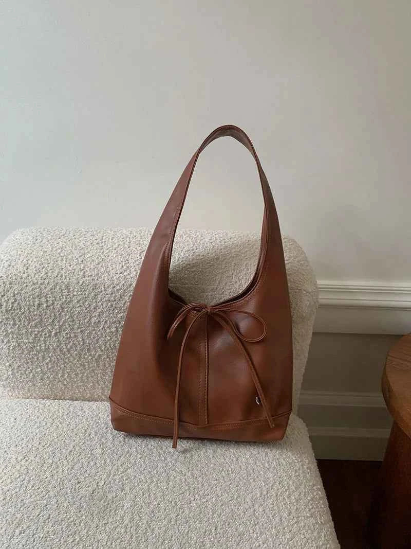 Chic Sweet Simplicity Tote Bag Women Girl Elegant Solid Color Series Bow Shoulder Bag Portable Large Capacity Commuter Bag
