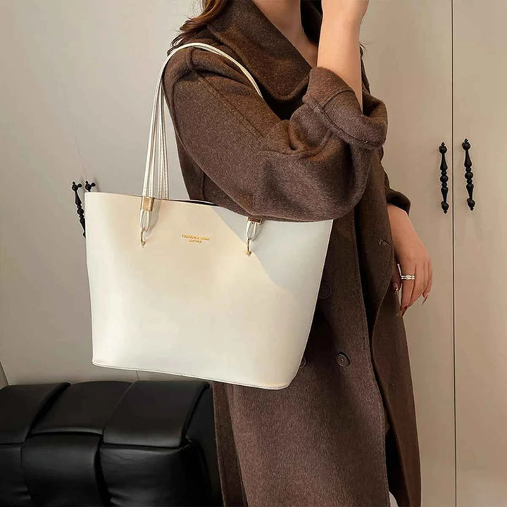 For Daily Use Fashion Tote Bag Simple Solid Color Glossy PU with Gold Letter Large Capacity Zipper Waterproof Shoulder Bag