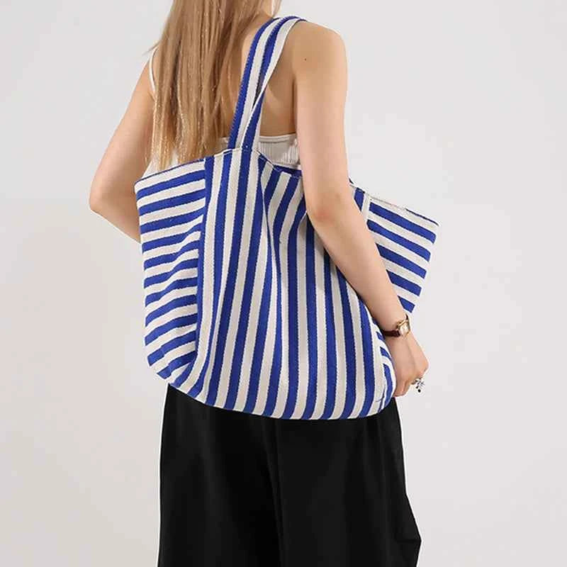 Simple Fresh Striped Shoulder Bag Korean Version Of Retro Literary Handbag Fashion Large Capacity Shopping Bag