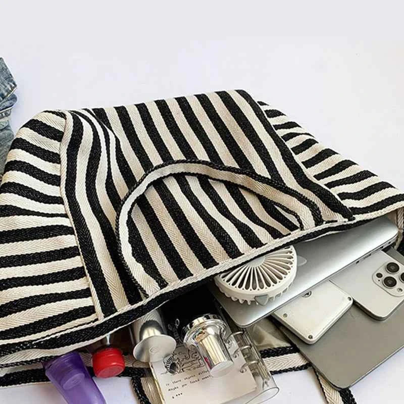 Simple Fresh Striped Shoulder Bag Korean Version Of Retro Literary Handbag Fashion Large Capacity Shopping Bag