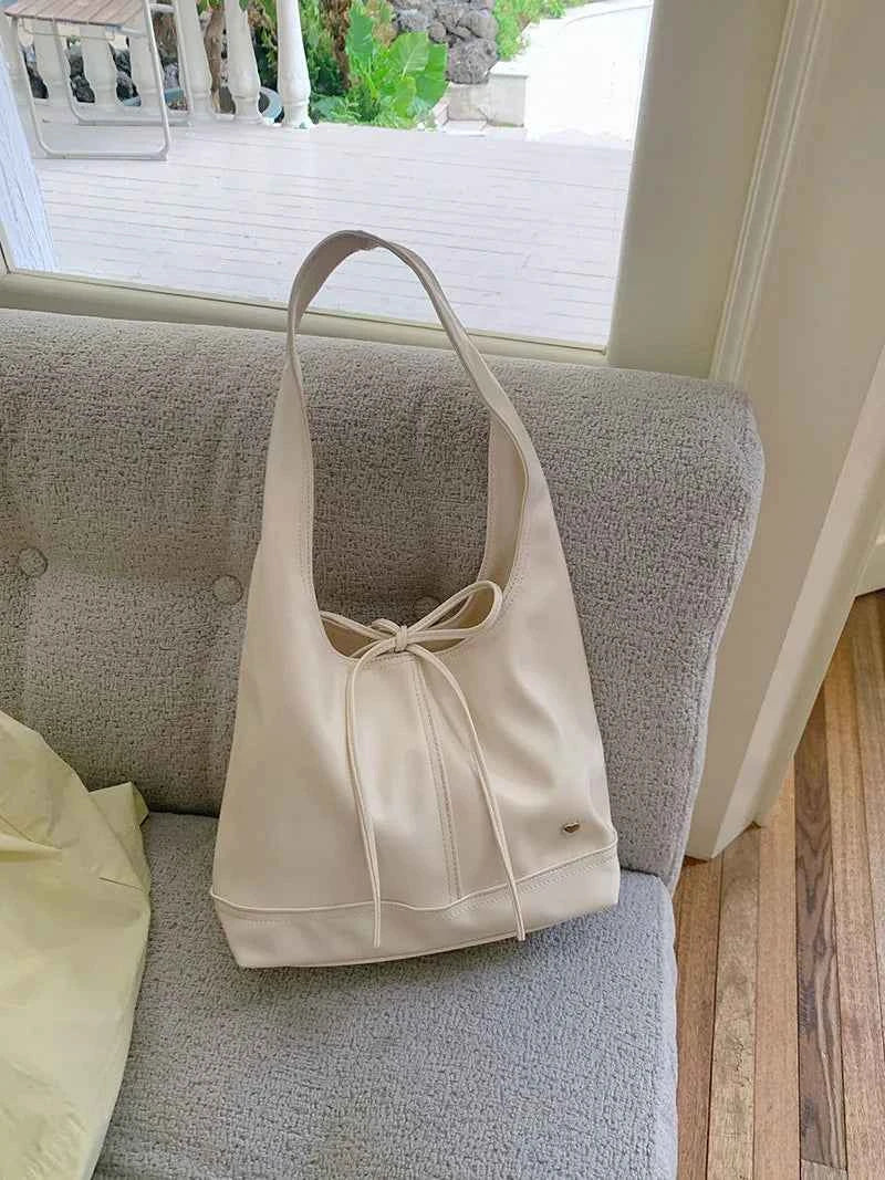Chic Sweet Simplicity Tote Bag Women Girl Elegant Solid Color Series Bow Shoulder Bag Portable Large Capacity Commuter Bag