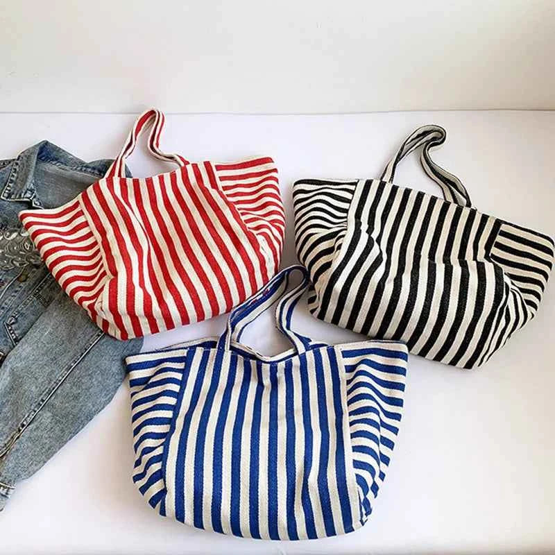 Simple Fresh Striped Shoulder Bag Korean Version Of Retro Literary Handbag Fashion Large Capacity Shopping Bag