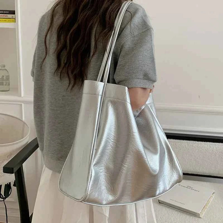 Casual large capacity totes Commuting designer women shoulder bags luxury soft pu leather lady purses and handbags big silver