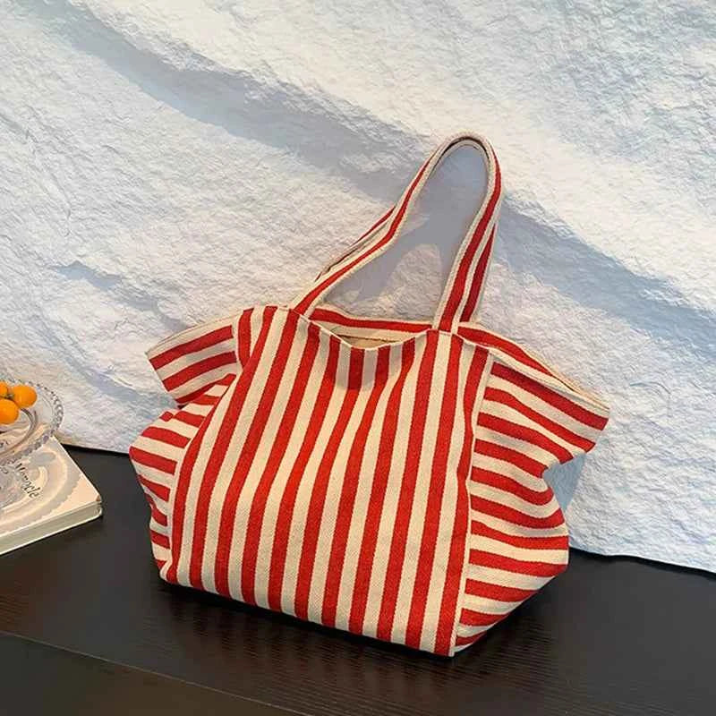 Simple Fresh Striped Shoulder Bag Korean Version Of Retro Literary Handbag Fashion Large Capacity Shopping Bag