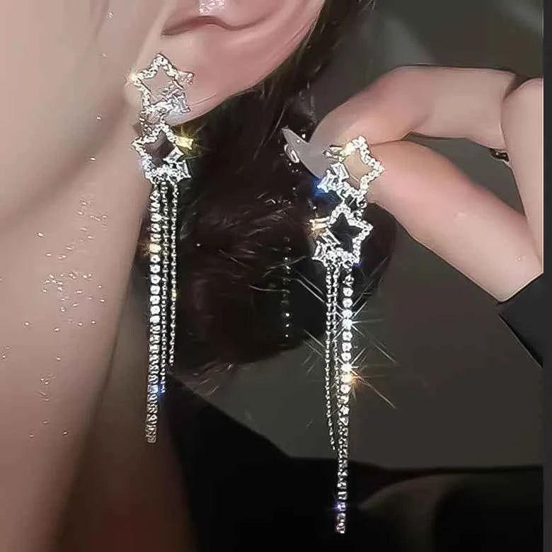 2024 New Simple Stars Tassel Earrings for Women Korean Charm Delicate Shiny Rhinestone Drop Earring Fashion Wedding Gift Jewelry