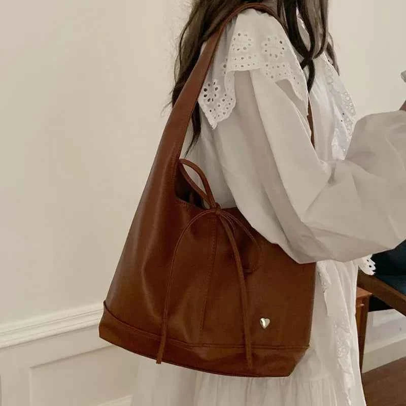 Chic Sweet Simplicity Tote Bag Women Girl Elegant Solid Color Series Bow Shoulder Bag Portable Large Capacity Commuter Bag