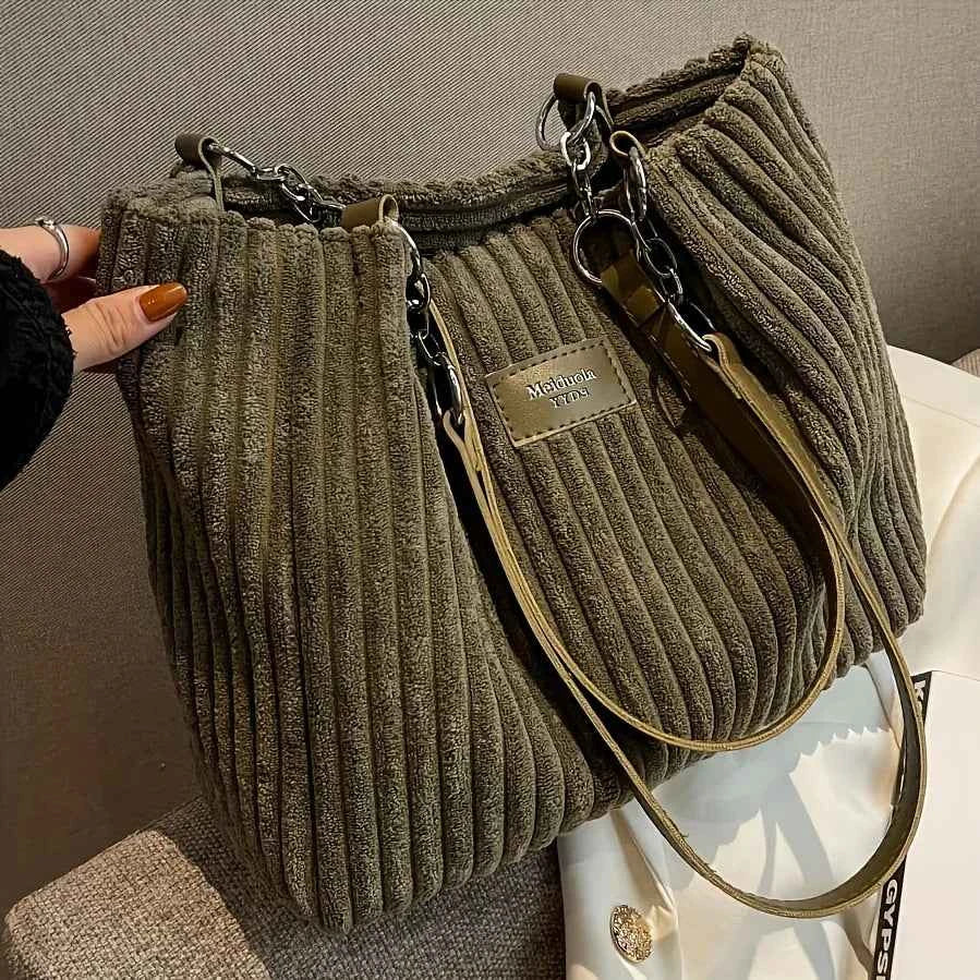 Stylish Soft Corduroy Tote Bag for Women Large Plush Shoulder Bag with Zip Large Capacity Women's Handbag