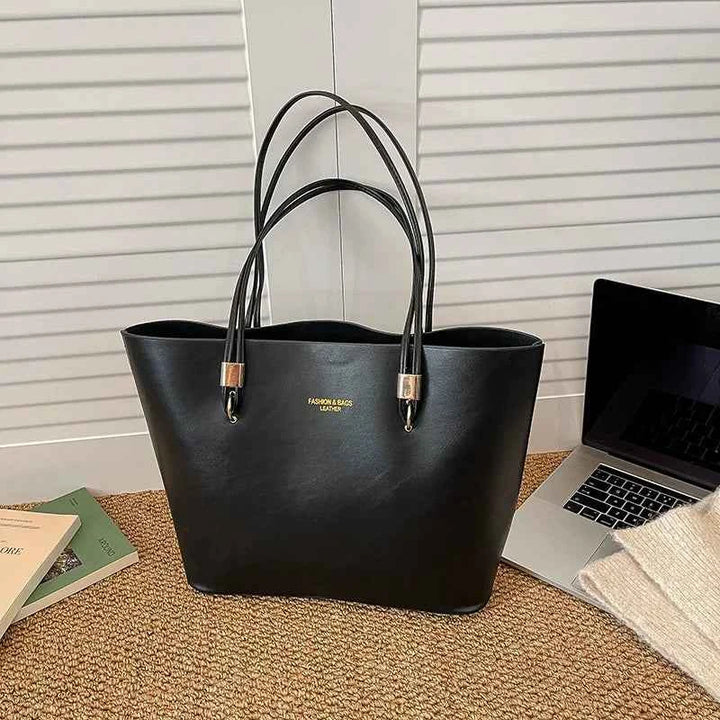 For Daily Use Fashion Tote Bag Simple Solid Color Glossy PU with Gold Letter Large Capacity Zipper Waterproof Shoulder Bag