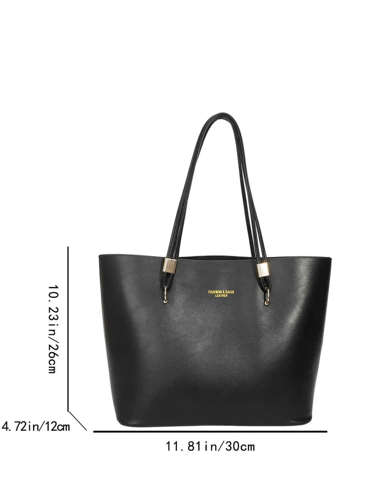 For Daily Use Fashion Tote Bag Simple Solid Color Glossy PU with Gold Letter Large Capacity Zipper Waterproof Shoulder Bag