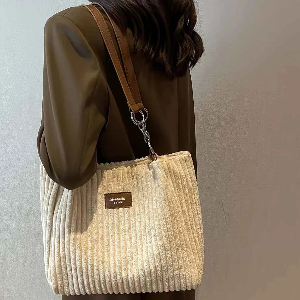 Stylish Soft Corduroy Tote Bag for Women Large Plush Shoulder Bag with Zip Large Capacity Women's Handbag