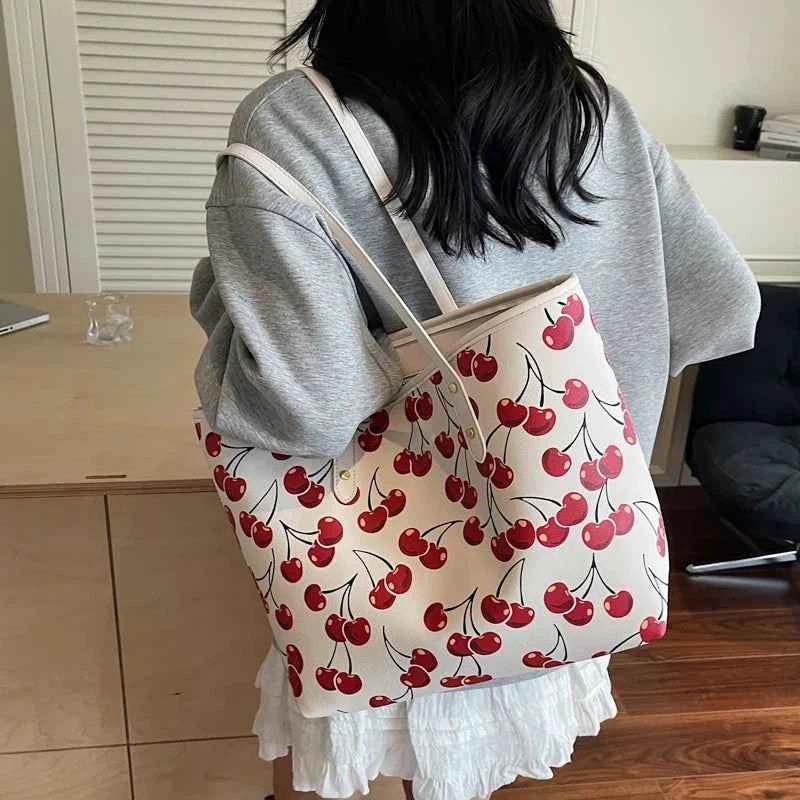 Cute Cherry Strawberry Lemon Print Casual Tote Bag Large Capacity Shopping Bag Aesthetic Handbag Grocery Bag for Women