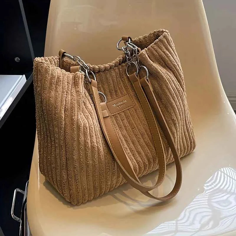 Stylish Soft Corduroy Tote Bag for Women Large Plush Shoulder Bag with Zip Large Capacity Women's Handbag