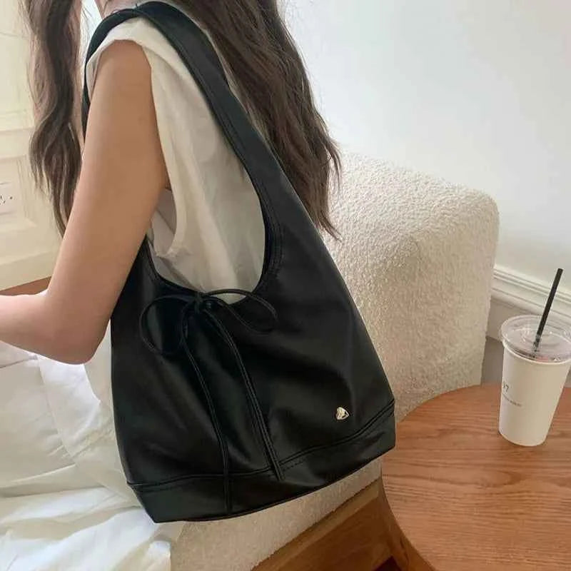 Chic Sweet Simplicity Tote Bag Women Girl Elegant Solid Color Series Bow Shoulder Bag Portable Large Capacity Commuter Bag