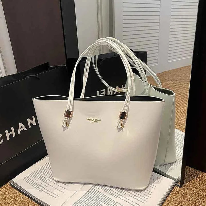For Daily Use Fashion Tote Bag Simple Solid Color Glossy PU with Gold Letter Large Capacity Zipper Waterproof Shoulder Bag