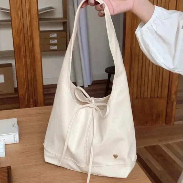 Chic Sweet Simplicity Tote Bag Women Girl Elegant Solid Color Series Bow Shoulder Bag Portable Large Capacity Commuter Bag