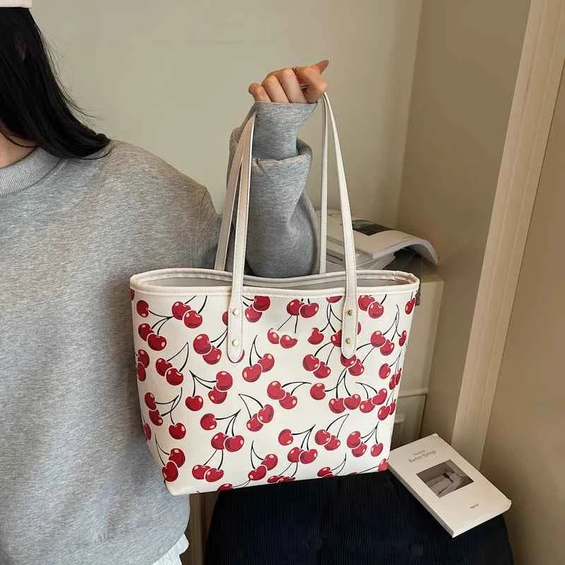 Cute Cherry Strawberry Lemon Print Casual Tote Bag Large Capacity Shopping Bag Aesthetic Handbag Grocery Bag for Women