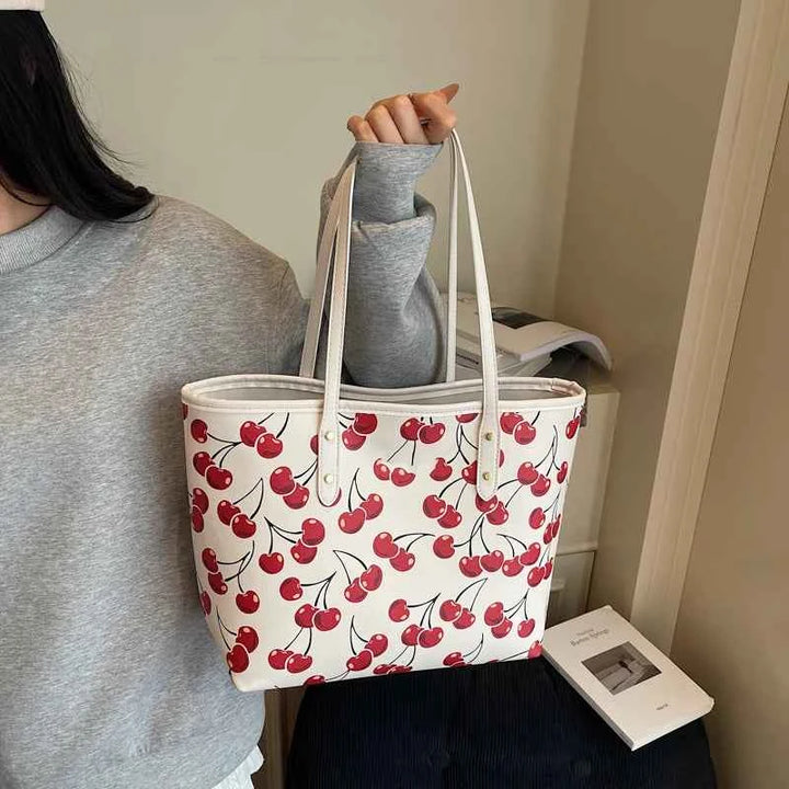 Cute Cherry Strawberry Lemon Print Casual Tote Bag Large Capacity Shopping Bag Aesthetic Handbag Grocery Bag for Women