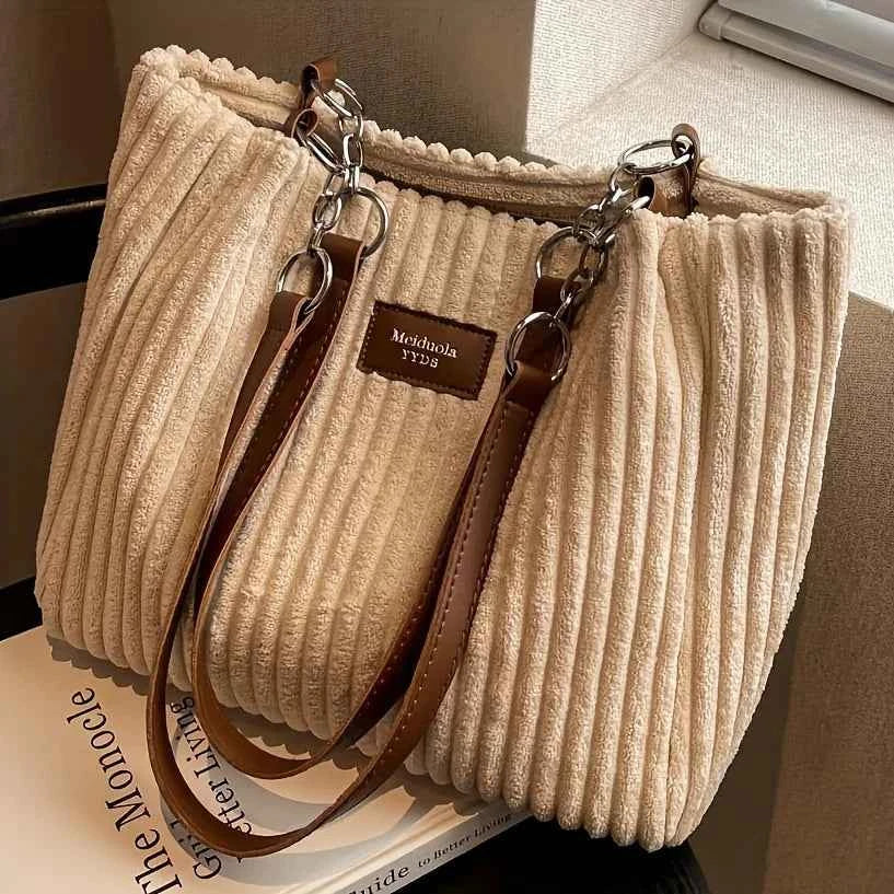 Stylish Soft Corduroy Tote Bag for Women Large Plush Shoulder Bag with Zip Large Capacity Women's Handbag