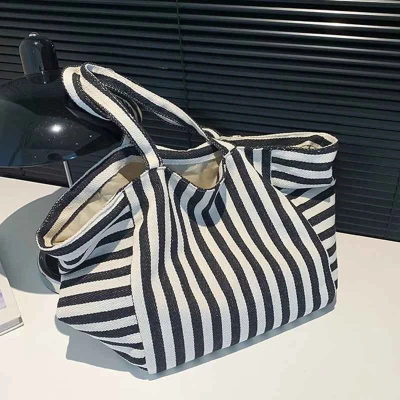 Simple Fresh Striped Shoulder Bag Korean Version Of Retro Literary Handbag Fashion Large Capacity Shopping Bag