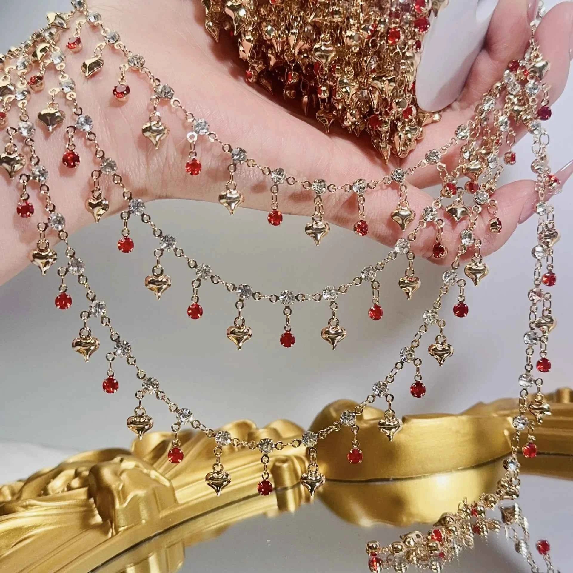 1Meter Colorful Metal Peach Heart Charms Chain Crystal Beads Pendants Copper Chains Women Jewelry Making DIY Necklaces Bracelets