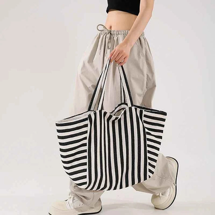 Simple Fresh Striped Shoulder Bag Korean Version Of Retro Literary Handbag Fashion Large Capacity Shopping Bag