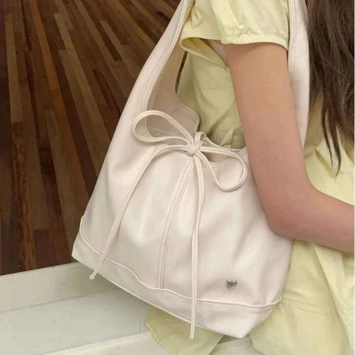Chic Sweet Simplicity Tote Bag Women Girl Elegant Solid Color Series Bow Shoulder Bag Portable Large Capacity Commuter Bag