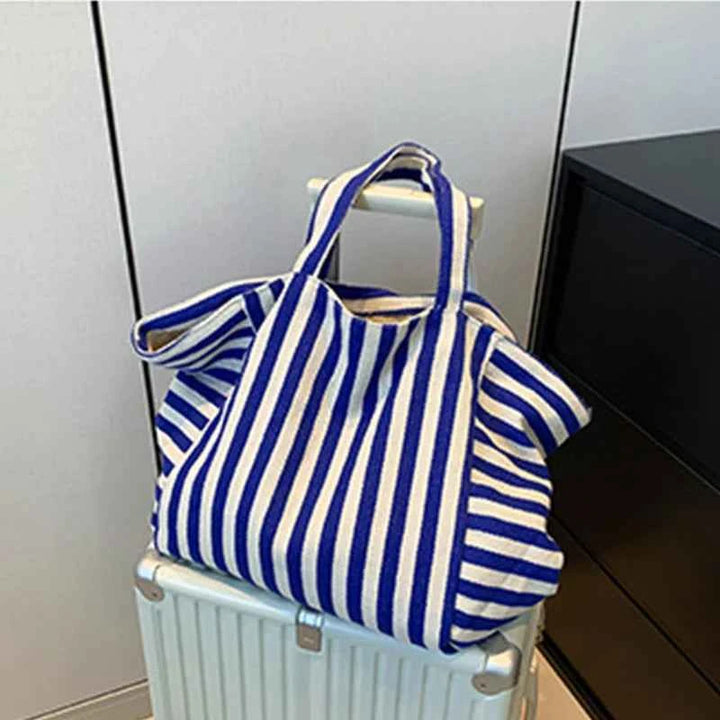 Simple Fresh Striped Shoulder Bag Korean Version Of Retro Literary Handbag Fashion Large Capacity Shopping Bag