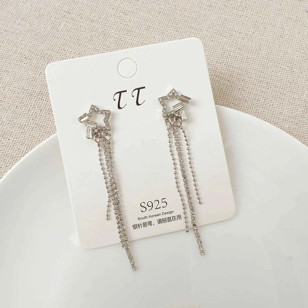 2024 New Simple Stars Tassel Earrings for Women Korean Charm Delicate Shiny Rhinestone Drop Earring Fashion Wedding Gift Jewelry